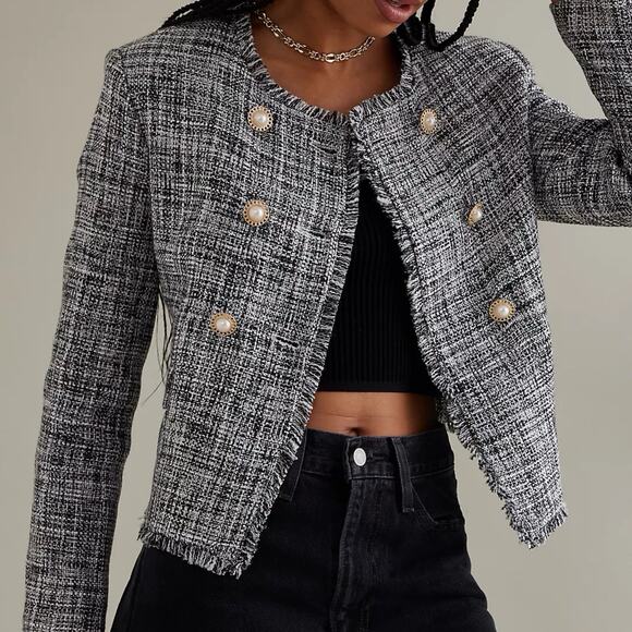 Anthropologie sz 4 Tweed Double-Breasted Black/White Pearl Button Blazer Jacket - Picture 1 of 9